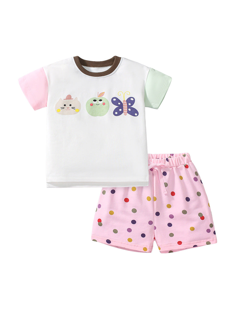 Summer Baby Kids Girls Cartoon Top And Dots Shorts Casual Clothing Set