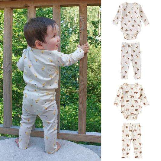 Baby Unisex Long Sleeves Casual Animals Pattern Crew Neck Onesies and Pants  Clothing Sets