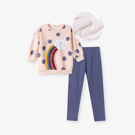 Winter and Autumn Girls Cartoon and Polka Dots Pattern Long Sleeves Sweatshirt and Plain Pants Clothing Set