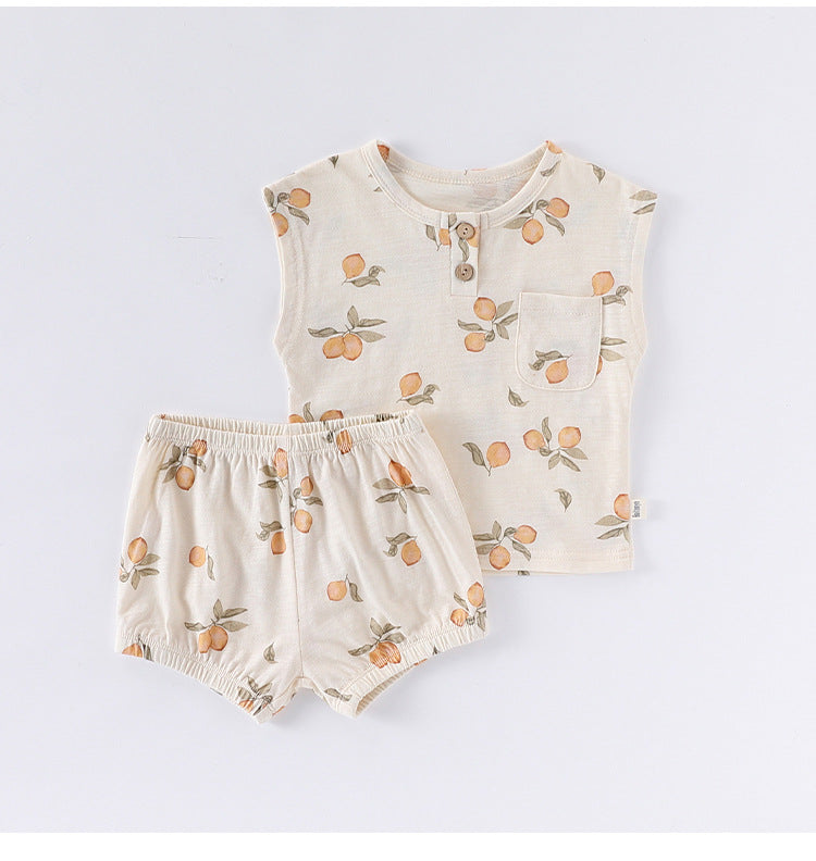 Summer Arrival Baby Unisex Sleeveless Fruits Pattern Top Vest and Shorts Clothing Sets