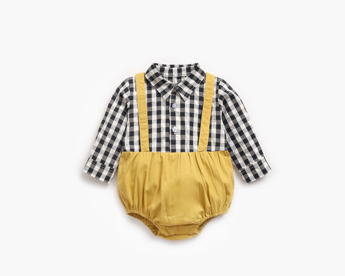 Baby Boy Plaid Pattern False One Pieces Design Lapel Bodysuit Onesies
