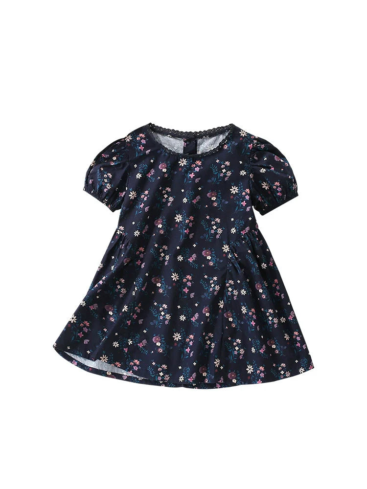 Summer Arrival Floral Pattern Short Sleeves Dress with Lace Trim Neck for Stylish Girls