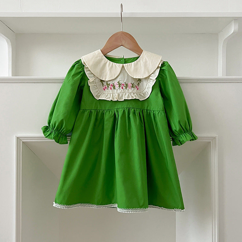 Arrival Autumn Baby Kids Girls Long Sleeves Peter Pan Collar Embroidery Flowers Pattern Onesies and Dress โ Princess Sister Matching Set