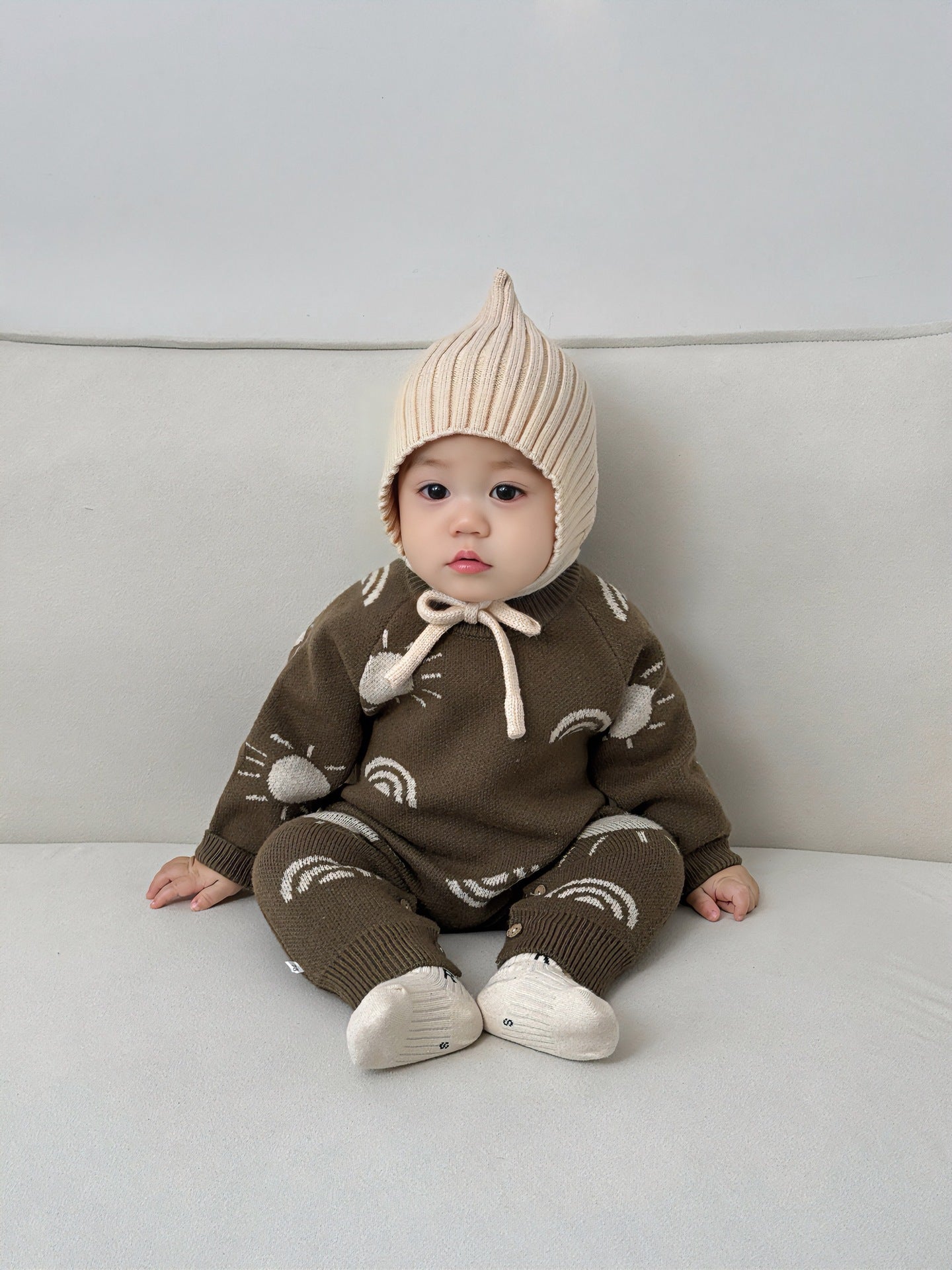 Autumn and Spring Arrival Unisex Baby’s Rainbows and Suns Pattern Knitted Rompers