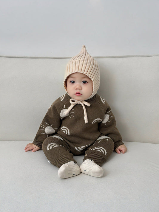 Autumn and Spring Arrival Unisex Baby’s Rainbows and Suns Pattern Knitted Rompers