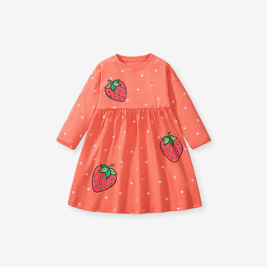 Autumn Arrival Girls’ Strawberry Pattern Dots Crew Neck Long Sleeves Dress