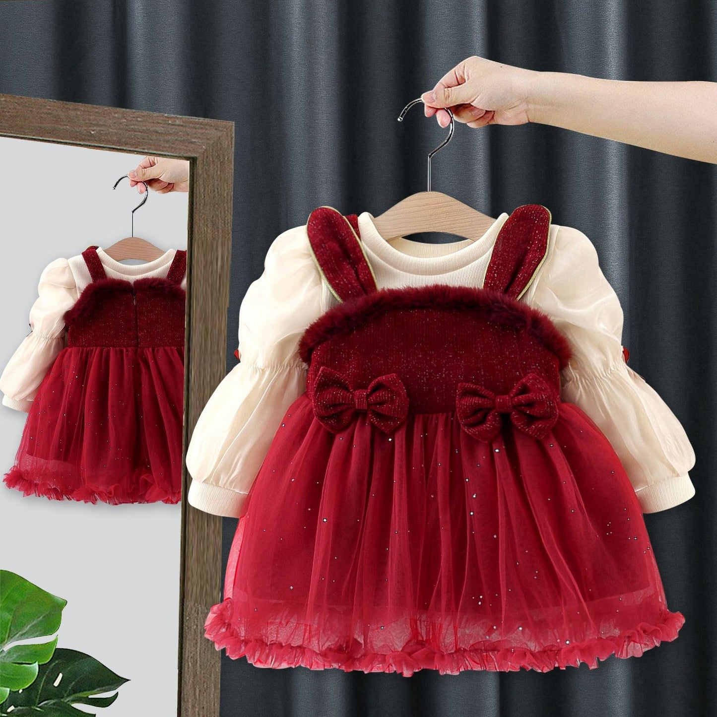 Autumn and Winter Arrival Baby Girls Long Sleeves Crew Neck Top and Rabbit Design Dress