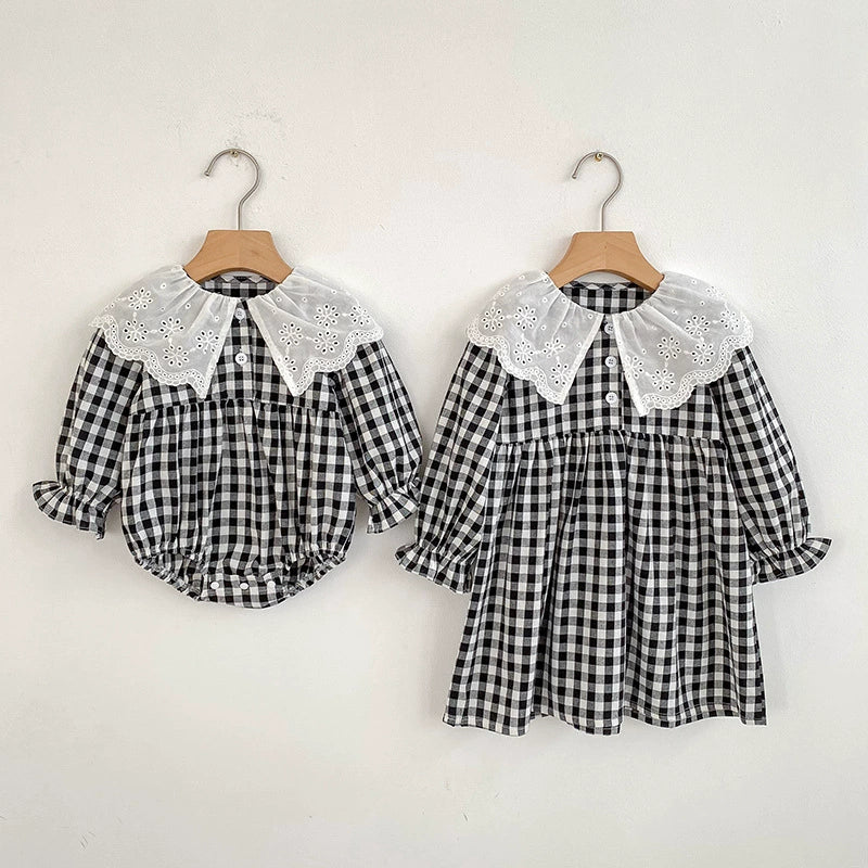 Autumn Baby Girls French-style Flowers Pattern Collar Long Sleeves Plaid Onesies and Dress – Princess Sister Matching Set
