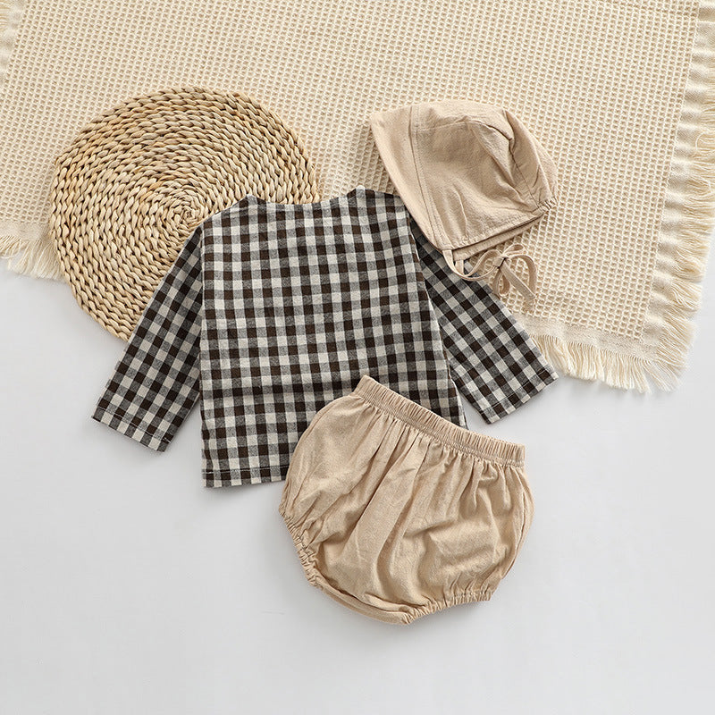 Baby Plaid Graphic Tops And Solid Shorts With Hat One Pieces Sets