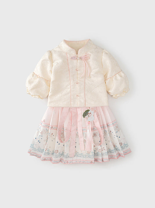 Autumn Arrival Baby Girls Simple Stand Collar Top and Rabbits Pattern Skirt Clothing Set