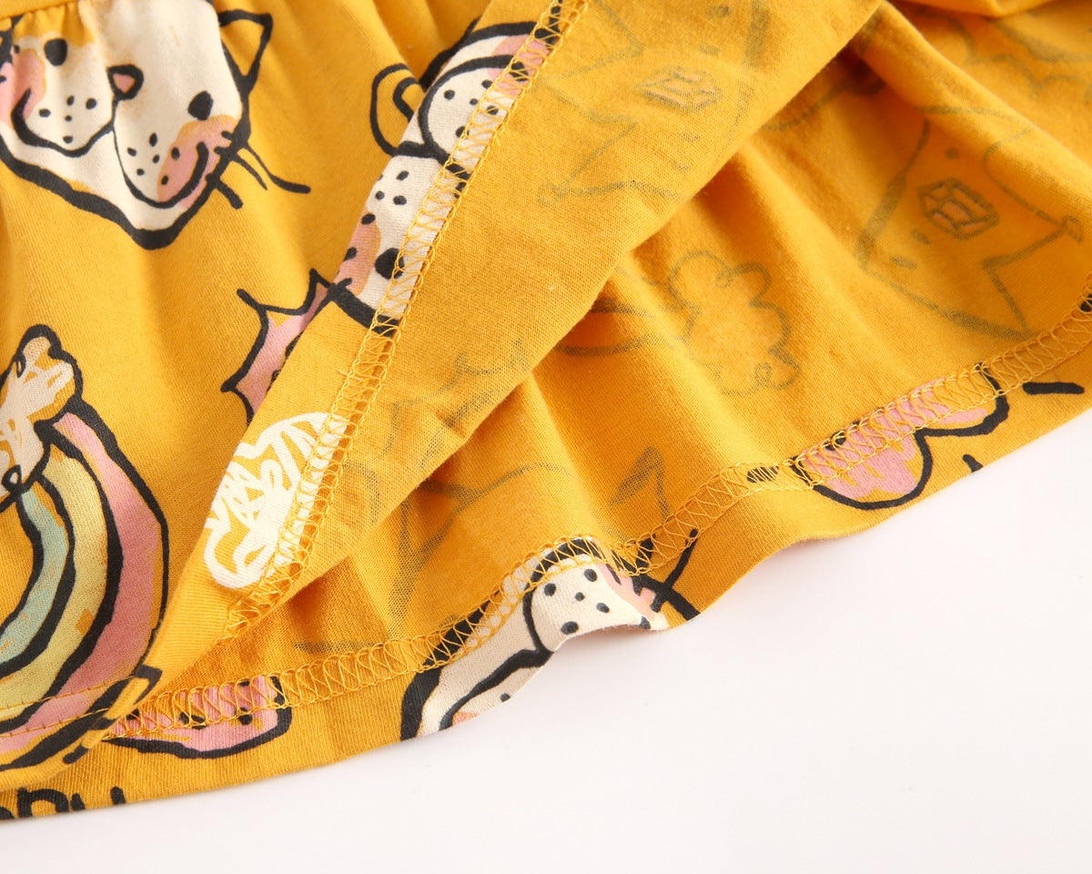 Baby Girls Cartoon Print Short-Sleeved O-Neck Dress In Summer