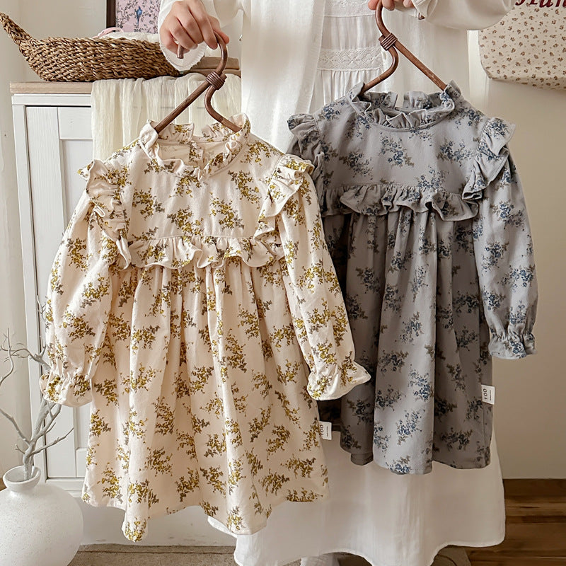 Arrival Autumn Girls French Style Ruffle Neck Long Sleeves Floral Pattern Dress