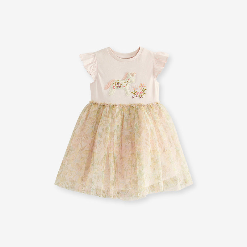 Spring And Summer Baby Girls Short Sleeves Unicorn Cartoon Floral Chiffon Dress