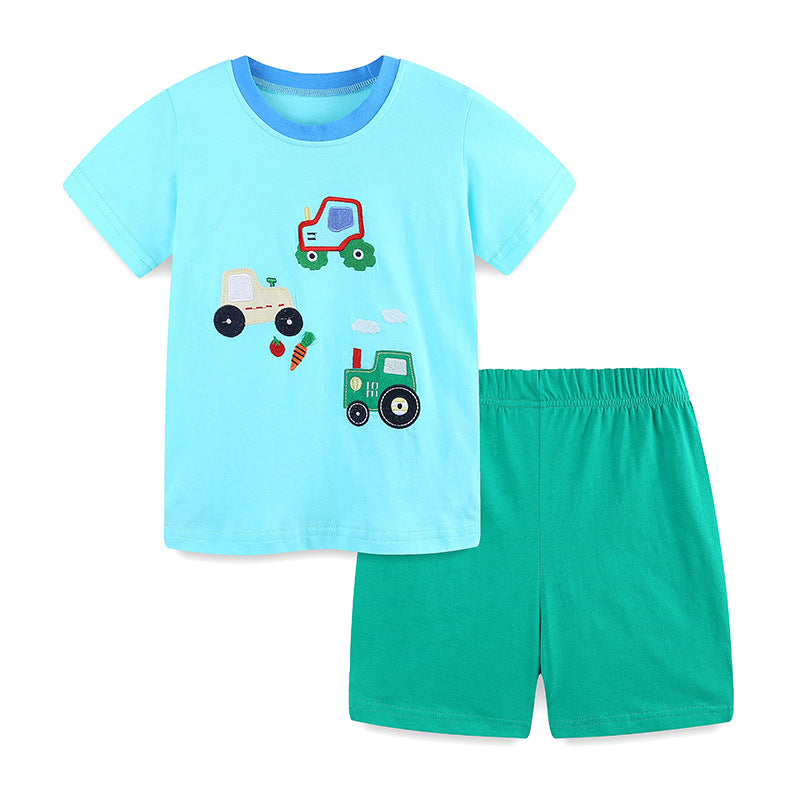 Summer Baby Kids Cartoon Tractor Pattern T-shirt and Plain Shorts Casual Clothing Set for Boys