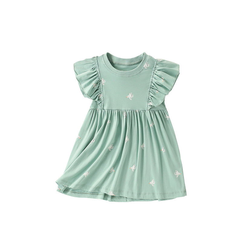 Summer Arrival Birds Pattern Short Sleeves Cute Dress for Stylish Girls