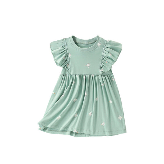 Summer Arrival Birds Pattern Short Sleeves Cute Dress for Stylish Girls