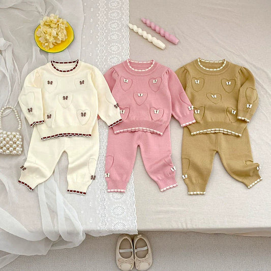 Arrival Autumn Baby Unisex Long Sleeves Heart Jacquard Pattern Knitted Top Sweater and Long Trousers Clothing Set