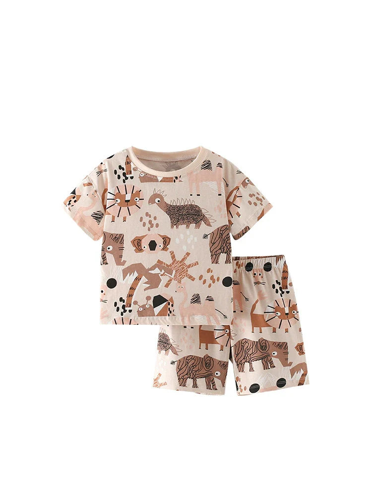 Summer Baby Kids Casual Animals Cartoon Pattern T-shirt and Shorts Clothing Set for Boys