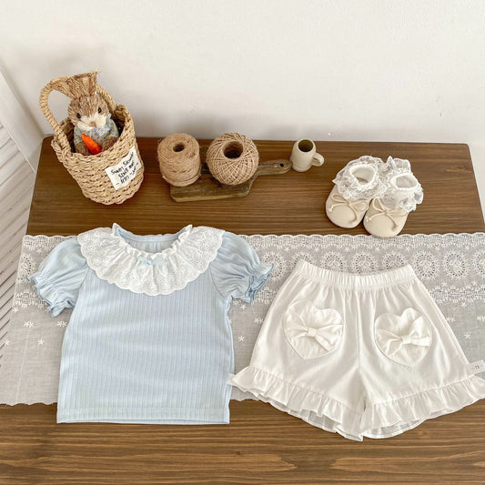 Summer Baby Kids Color Patchwork Short Sleeves Top and Heart Pattern Shorts Clothing Set for Girls