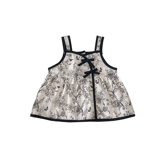 Summer Baby Kids Girls Flowers Pattern Sleeveless Strap Onesies, Top Dress And Solid Color Shorts Clothing Set