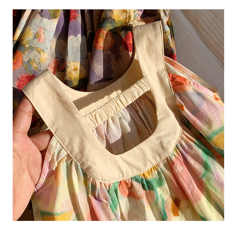 Summer Arrival Baby Kids Girls Cute Sleeveless Oil-Painting Flowers Pattern Printed Dress