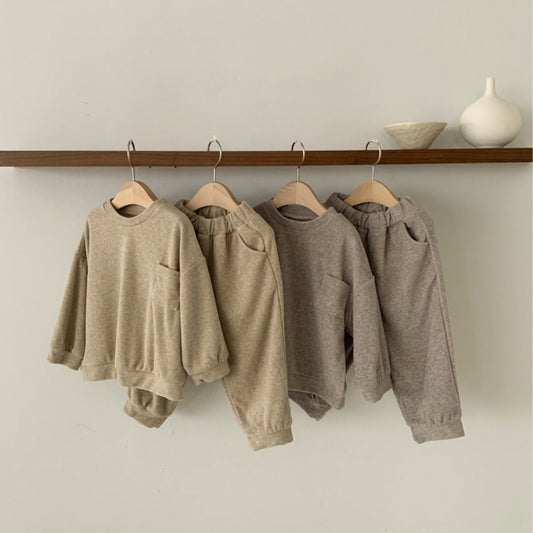 Spring Baby And Kids Unisex Solid Color Pullover Top With Pocket And Pants  Clothing Set