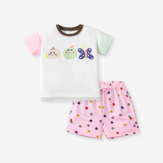 Summer Baby Kids Girls Cartoon Top And Dots Shorts Casual Clothing Set