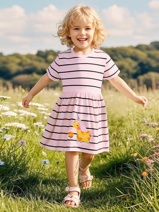 Summer Striped Dress for Girls, European and American Cute Animals Cartoon Pattern Dress