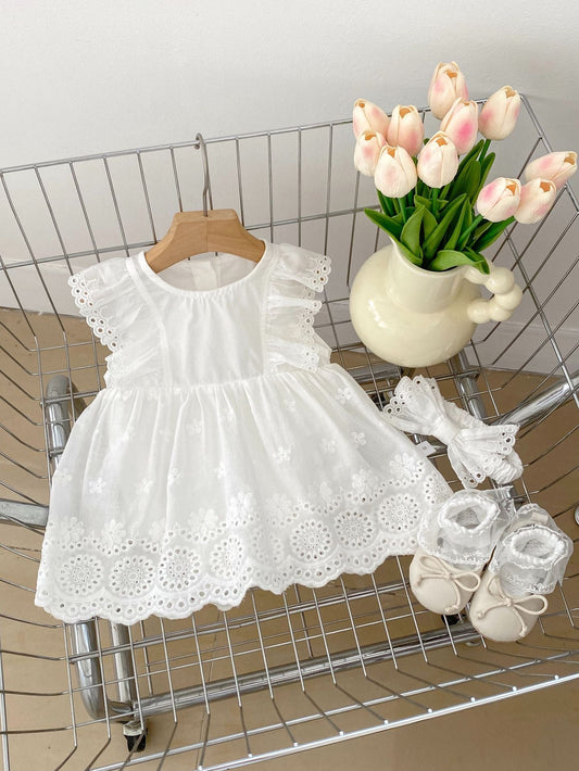 Design Summer Girls Floral Embroidered Hollow Out Short Sleeves Onesies Dress