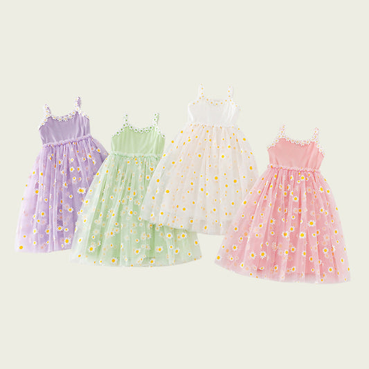 Summer Baby Kids Girls Sleeveless Floral Daisy Pattern Mesh Strap Dress