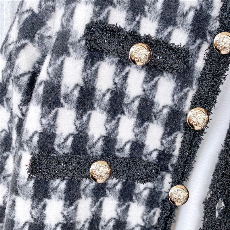 Girls Houndstooth Pattern Single Breasted Cardigan&Skirt Elegant Style Sets
