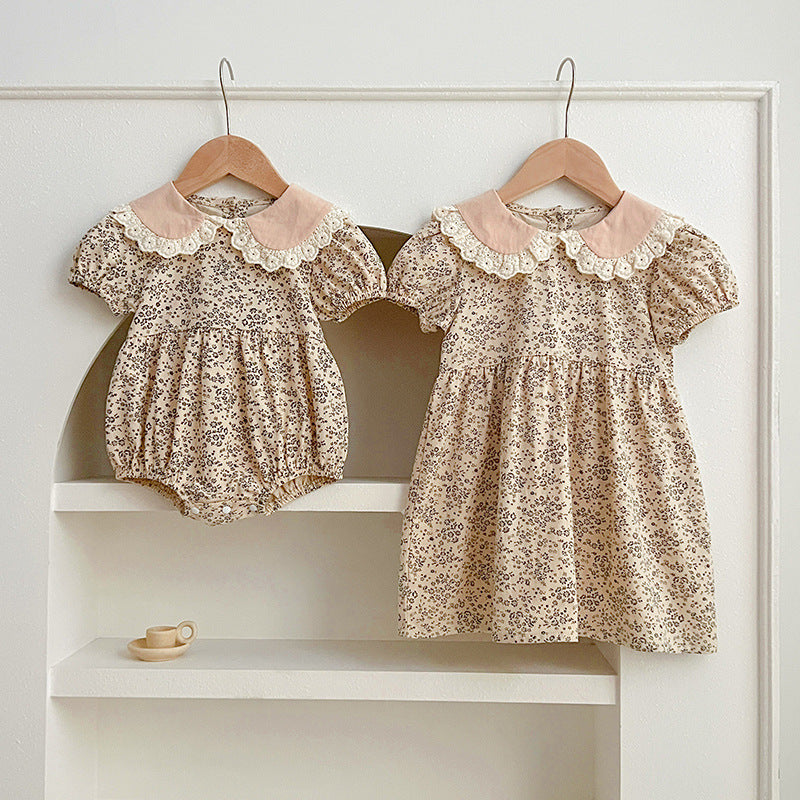 Design Summer Baby Kids Girls Floral Pattern Short Sleeves Peter Pan Collar Onesies And Girls’ Dress – Princess Sister Matching Set