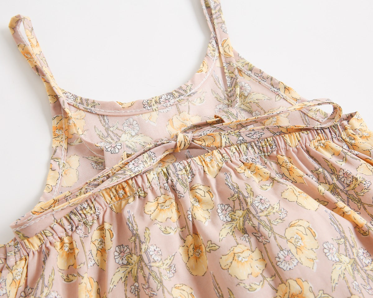 Baby Girl Floral Print Pattern Backless Design Sleeveless Rompers With Handband