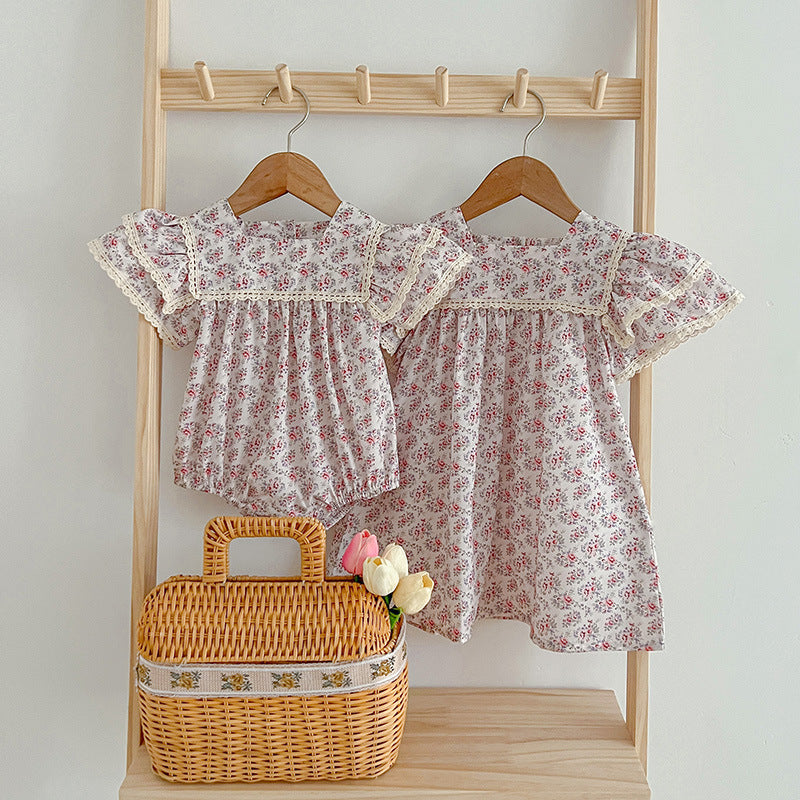 Summer Baby Girls Short Sleeves Square Neck Floral Pattern Dress And Onesie – Princess Sister Matching Set