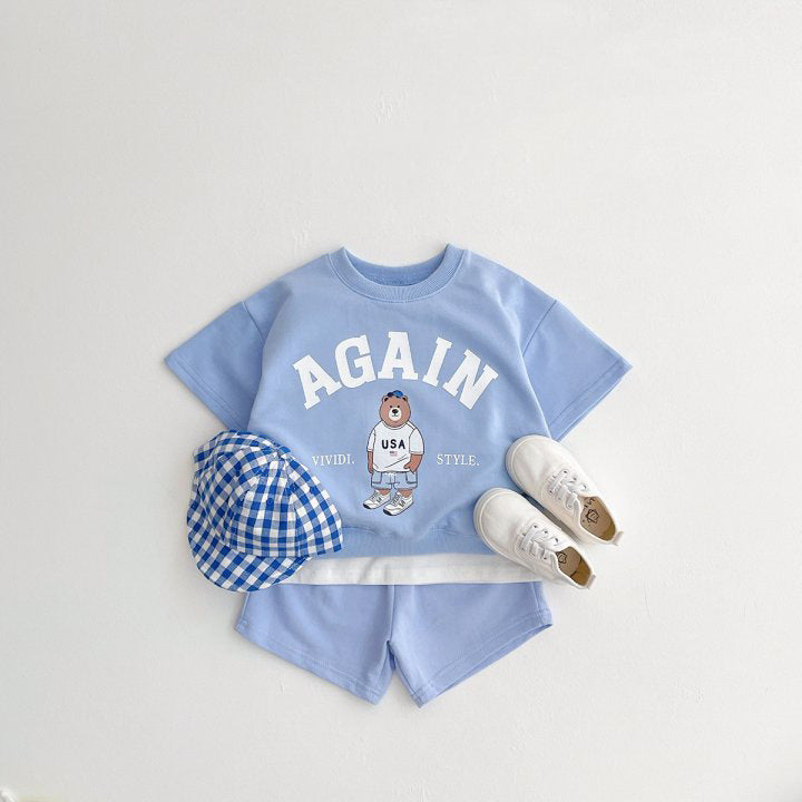 Summer Baby Kids Unisex Casual Letters and Teddy Bear Pattern Short Sleeves Top T-shirt and Shorts Clothing Set