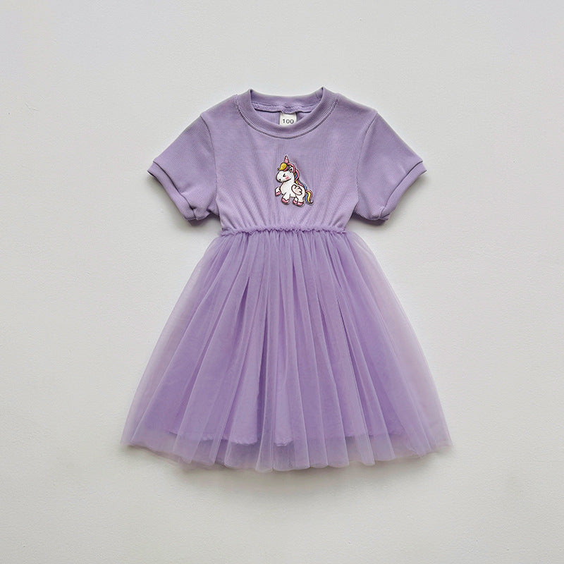 Summer Baby Kids Girls Short-Sleeved Cartoon Unicorn Pattern Mesh Patchwork Dress
