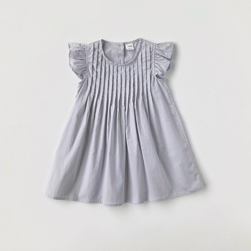 Summer Arrival Kids Girls Fly Sleeves Solid Color Pleated Dress