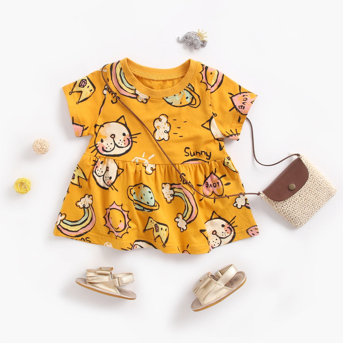 Baby Girls Cartoon Print Short-Sleeved O-Neck Dress In Summer