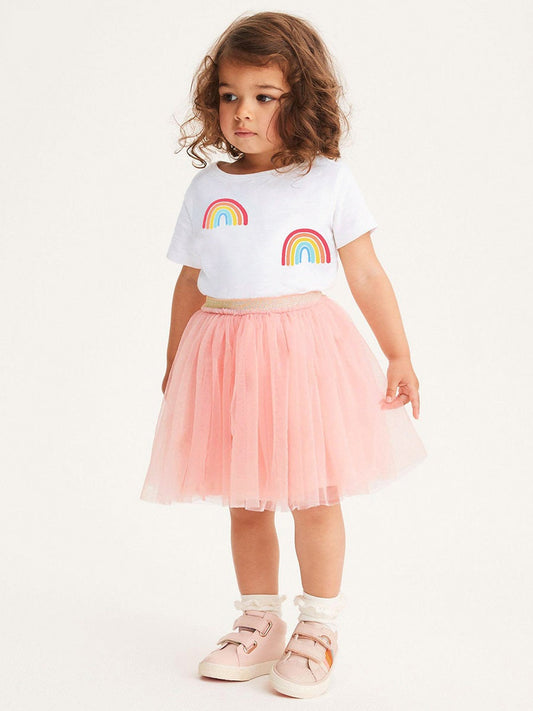 Summer Baby Kids Girls Rainbow Print T-Shirt And Solid Color Mesh Skirt Clothing Set