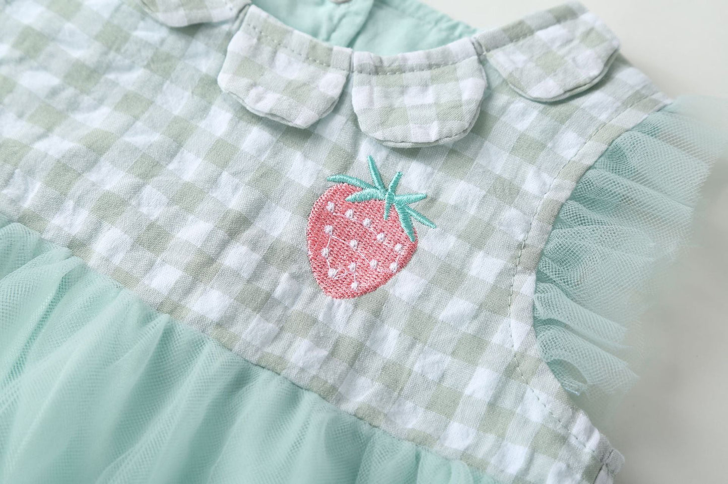 Baby Girl Plaid Graphic Strawberry Embroidery Mesh Overlay Floral Neck Dress