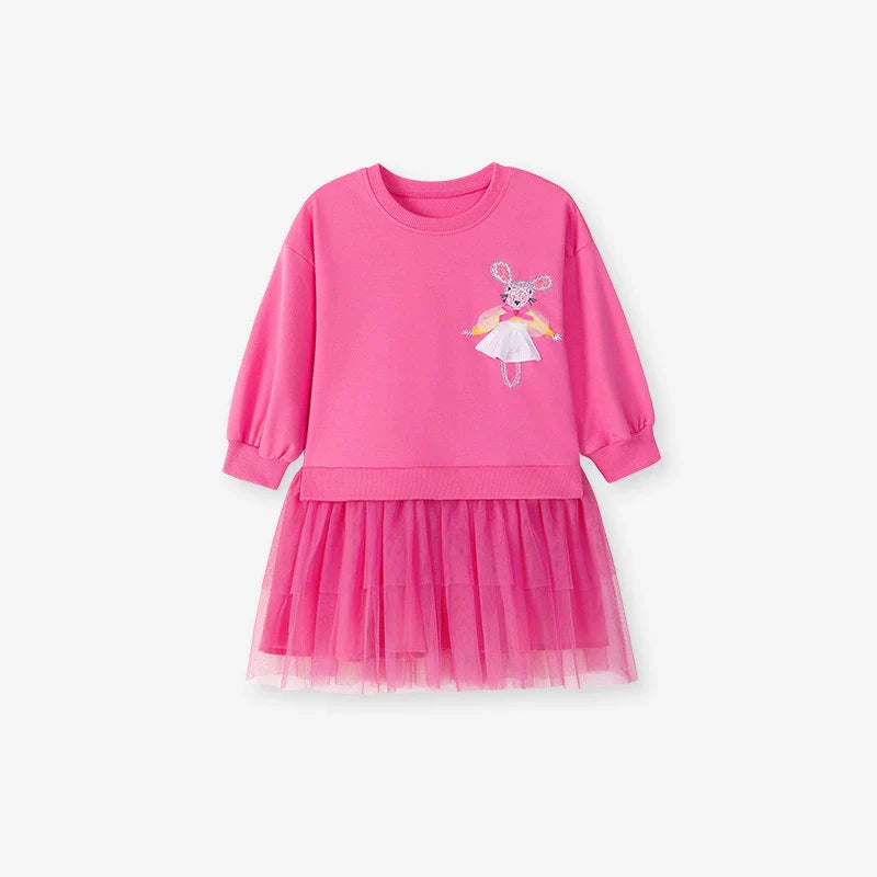 Autumn and Spring Arrival Cartoon Pattern Long Sleeves Dress with Tulle for Stylish Girls