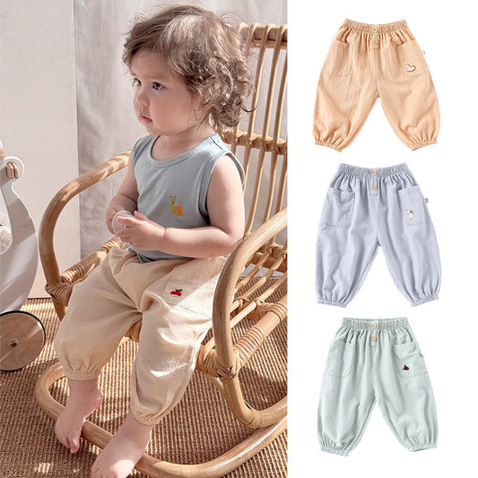 Children’s Summer Breathable Simple Logo Embroidered Pocketed Fashion Casual Pants – Home Trousers