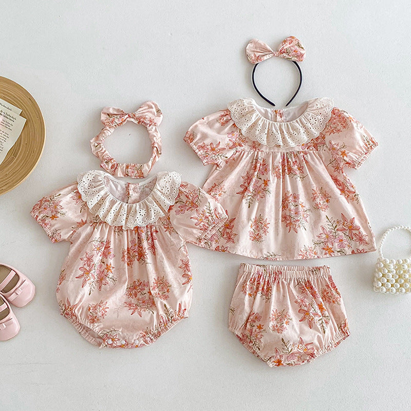 Design Summer Girls Flowers Pattern Short Sleeves Hollow Out Collar Onesies And Clothing Set – Sister Matching Clothing Set