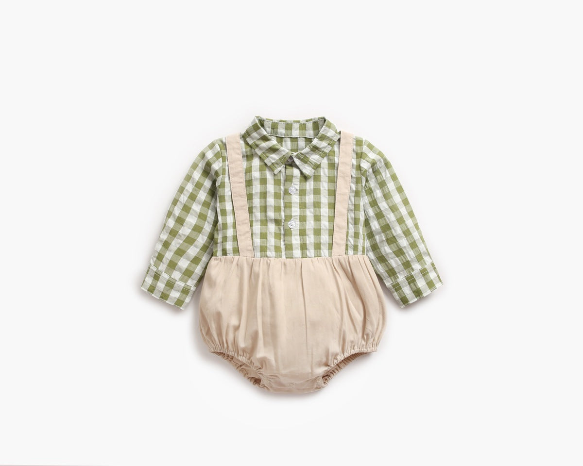Baby Boy Plaid Pattern False One Pieces Design Lapel Bodysuit Onesies