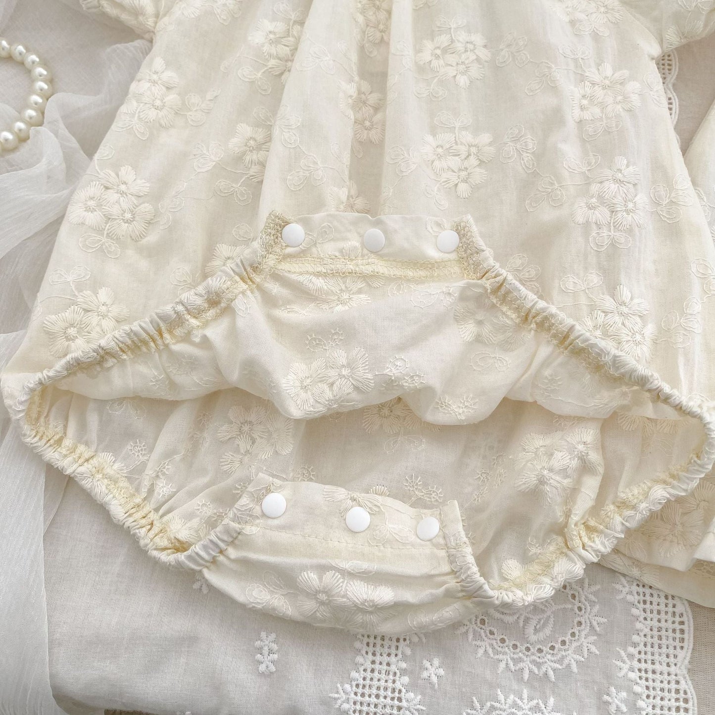 Summer Girls Solid Color Flowers Embroidery Short Sleeves Onesies and Girls’ Dress – Princess Sister Matching Set
