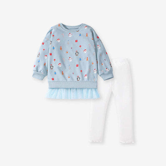 Spring And Autumn Girls Cartoon Christmas Pattern Long Sleeves Crew Neck Top Patchwork Dress And Pants Clothing Set