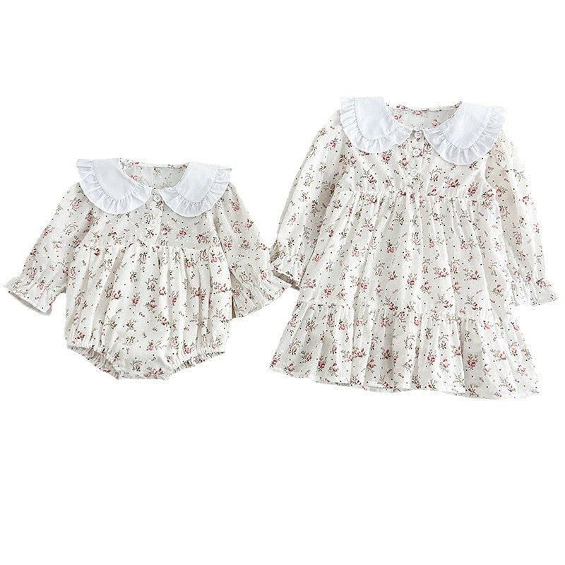 Spring Baby Girls French-style Floral Long-sleeved Onesies and Dress โ Princess Sister Matching Set