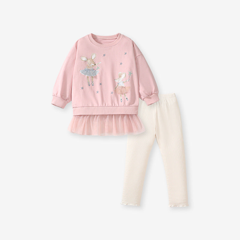 Spring And Autumn Girls Cartoon Dancers Pattern Long Sleeves Crew Neck Top Sweatshirt Design Dress And Pants Clothing Set