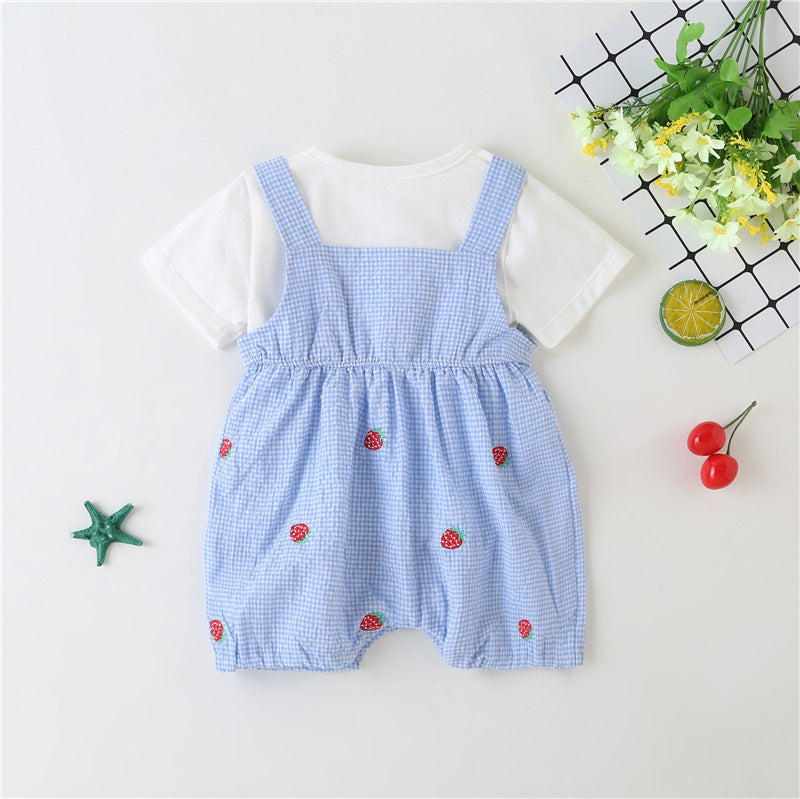 Baby Girl Plaid Graphic Strawberries Embroidery Snap Button Jumpsuit & Solid Tee Sets
