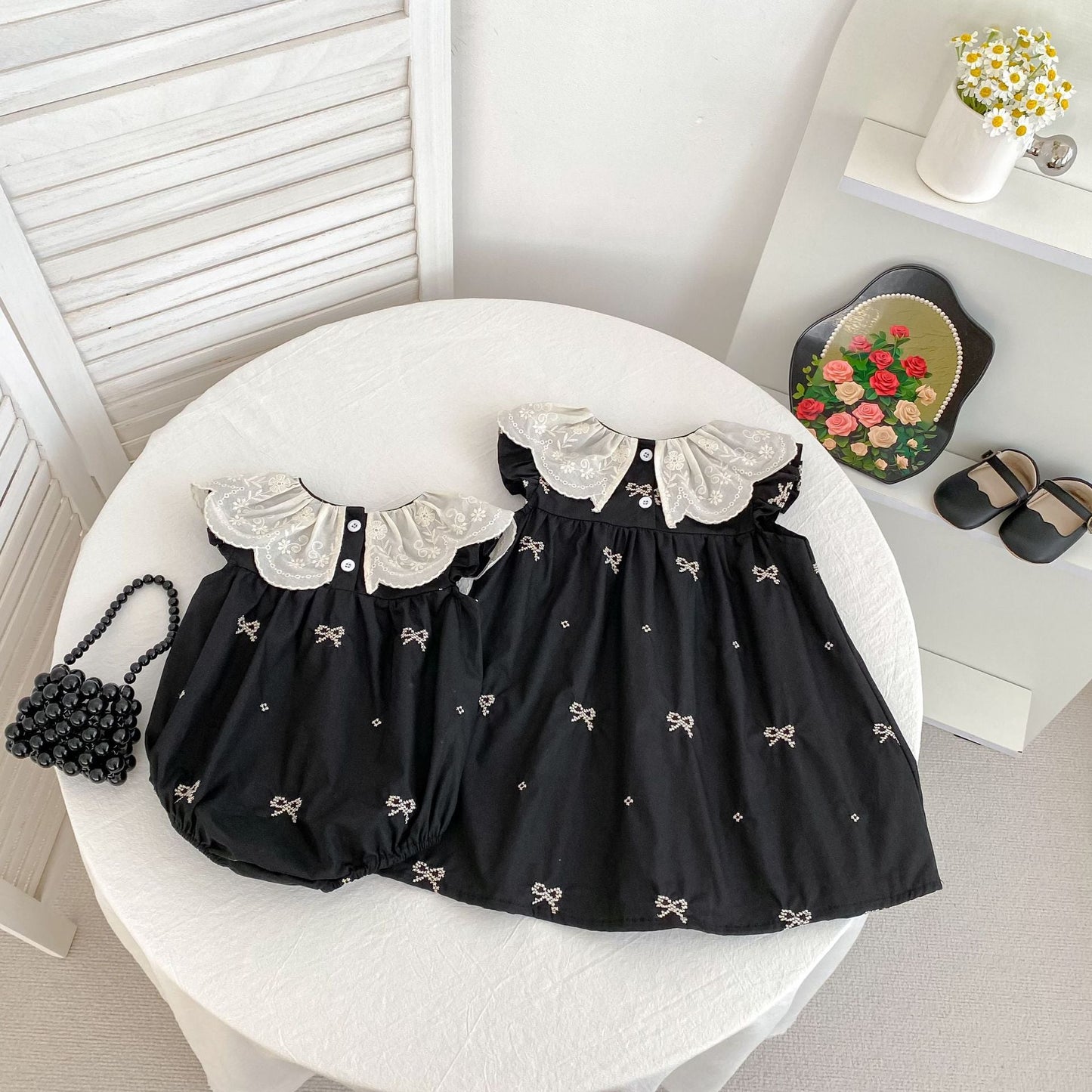 Summer Baby Girls French-style Flowers Pattern Collar Sleeveless Butterfly-bows Embroidered Onesies and Dress – Princess Sister Matching Set